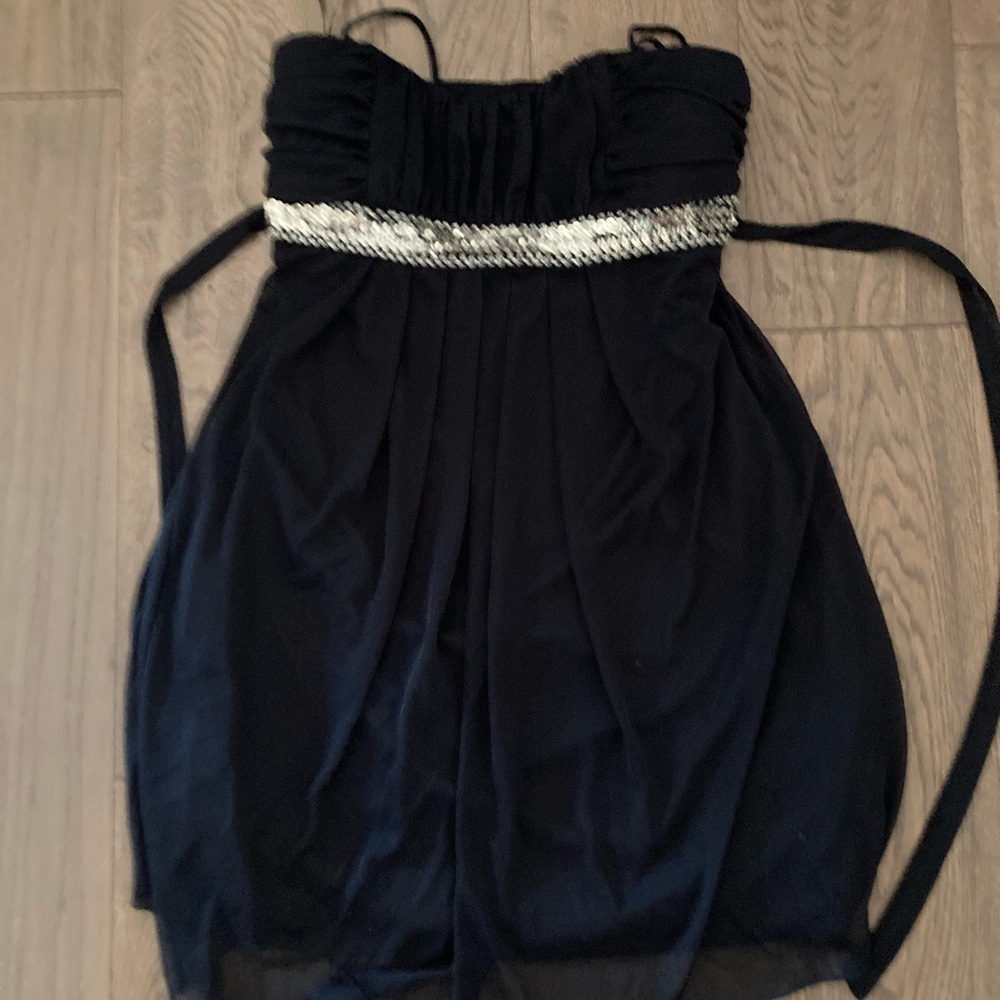 Storm Navy Blue Silk Satin Layered Dress with Silver Band Sequin Embroidery